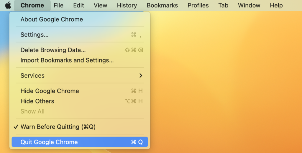 Quit application using the app menu in Mac.